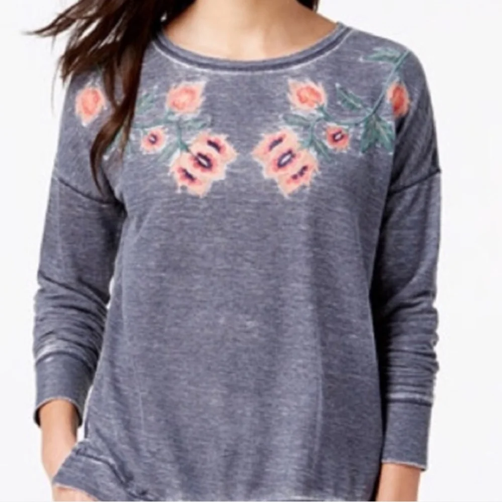 Lucky Brand Distressed Floral Embroidered Scoop Neck Sweater